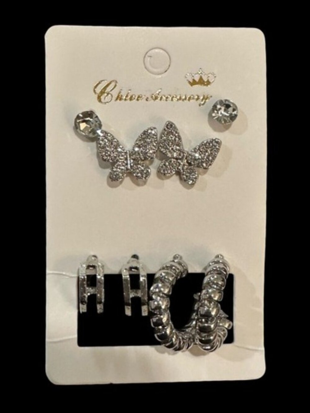 Butterfly Earrings Set Hoops Stud Silver Tone High Polish Rhinestone
